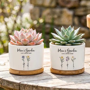 Può includere: Due vasi in ceramica bianca con piante grasse, ciascuno su un piattino di bambù. I vasi hanno il testo "Mom's Garden LOVE GROWS HERE" e illustrazioni floreali. Una succulenta è rosa, l'altra verde.