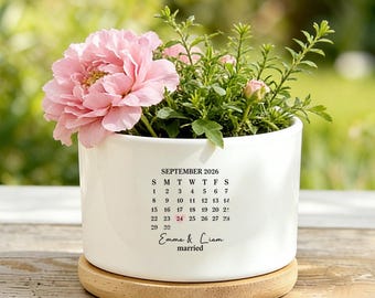 Personalized Wedding Anniversary Calendar Planter Pot, Custom Date Ceramic Flower Pot With Saucer, Minimalist Desk Decor, Newlywed Gift Idea