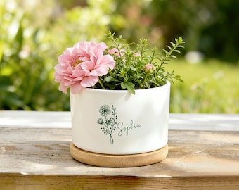 Personalized Ceramic Pot with Floral Line Art & Name, Minimal White Pot, Gift for Her, Mother's Day gift, Desk Plant Decor, Indoor plant pot