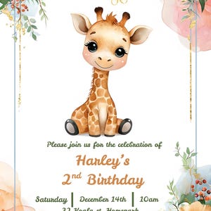 Skurrile Geburtstagseinladung mit niedlicher Baby Giraffe | Geburtstag einladen | Herunterladbare druckbare Canva-Vorlage für ein Kind.