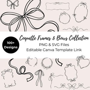 Coquette Bows & Frames Clipart | 100+ Line Art SVG PNG | Editable Canva Template | Digital Scrapbooking Borders Ribbons