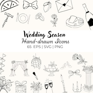 50+ wunderliche handgezeichnete Hochzeits-Icons | SVG PNG EPS | Virale Clipart | Bearbeitbar auf Canva | Sofortdownload | Hochzeits-Menü