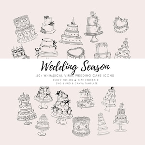 50+ wunderliche Hand gezeichnete Hochzeitstorte-Icons | SVG & PNG | Virale Clipart | Bearbeitbar auf Canva | Sofort Download