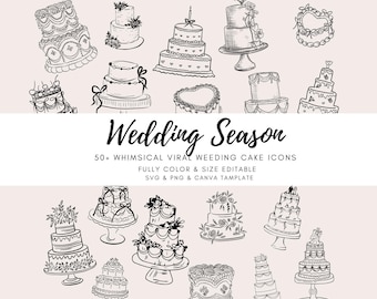 50+ Whimsical Wedding Cake Icons: SVG, PNG, Canva Editable (Digital Download)