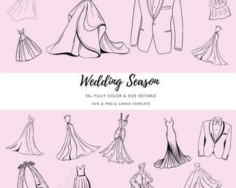 Bridal Tuxedo Icons: Hand-Drawn Wedding Clipart (SVG & PNG Digital Download)