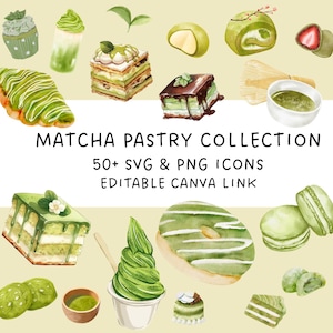 Colección de delicias relajantes de matcha: paquete de pasteles de acuarela PNG SVG para sublimación y pegatinas / Goodnotes / Planificador / Menú de cafetería / Café