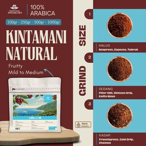 May include: A bag of Kintamani Natural coffee with the text "Fruitty, Mild to Medium". The bag is white with a landscape image. The image also shows three grind sizes: Halus, Sedang, and Kasar, with their respective brewing methods.