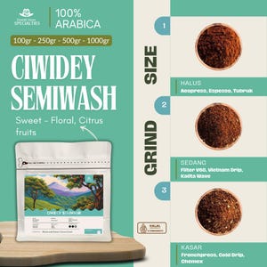 May include: A package of CIWIDEY SEMIWASH coffee with the text "Sweet - Floral, Citrus fruits." The package is white with a landscape illustration. The image also shows three different coffee grind sizes: Halus, Sedang, and Kasar, with their respective brewing methods.