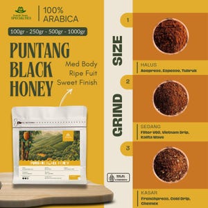 May include: A white coffee bag with the text "Puntang Black Honey" and a landscape illustration. The image also shows three different coffee grind sizes and the text "100% Arabica". The bag sizes are 100gr, 250gr, 500gr, and 1000gr.