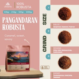 May include: A pink package of Pangandaran Robusta coffee with a landscape image of a boat. The image also shows grind size options: Halus, Sedang, and Kasar. The text on the package says "Caramel, sweet, savory."