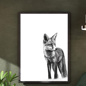 Black and White Fine Line Fox Art Print | Minimalist Fox Wall Art | Scandinavian Animal Decor | Printable Fox Illustration