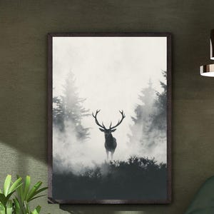 Black & White Stag Print – Minimalist Forest Wall Art | Fine Art Deer Silhouette | Misty Woodland Animal Poster | Neutral Nordic Home Decor