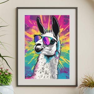 Funky Llama Pop Art Print – Funny Colourful Wall Art with Sunglasses | Llama Poster for Animal Lovers | Quirky Llama Decor Digital Download