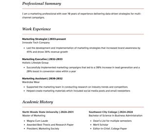 May include: A resume for Zola Bekker, a marketing strategist. The resume includes work experience, academic history, and awards and certifications. The resume is formatted with a brown and white color scheme.
