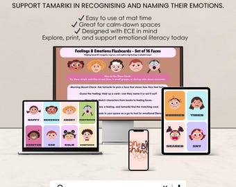 Può includere: Immagine digitale di flashcard per le emozioni, con volti che esprimono sentimenti come felice, triste e arrabbiato. Il testo recita "Flashcard delle emozioni - Set di 16 facce". Un laptop, un tablet e un telefono mostrano le carte. Il prodotto supporta l'alfabetizzazione emotiva.