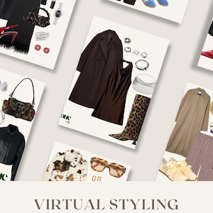 Puede incluir: Colección de conjuntos estilizados, que incluyen un abrigo largo de cuero negro, un top negro, una falda y un bolso con estampado de leopardo. Otros artículos incluyen un abrigo marrón, un vestido y botas con estampado de leopardo. El texto "VIRTUAL STYLING" también está presente.