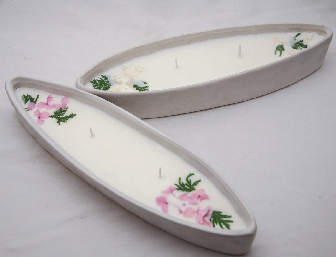 Hand Poured Double Wick Long White Soy Candle in Ceramic Boat Etsy