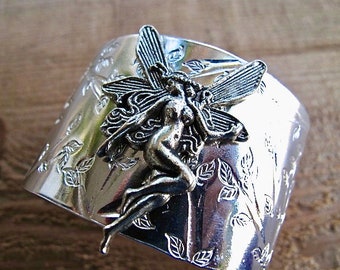 Beautiful Fairy on a Stamped Aluminum 1 1/2 inch Cuff - Neo  Victorian
