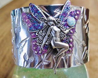Fantasy Art Dream Fairy on a Stamped Aluminum 1 1/2 inch Cuff - Enameled with Opal