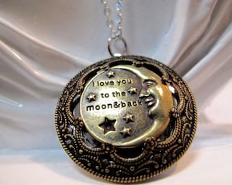I Love you to the Moon and Back Brass Locket Necklace in  Silver-tone with a Stainless Steel  24 inch Rolo chain