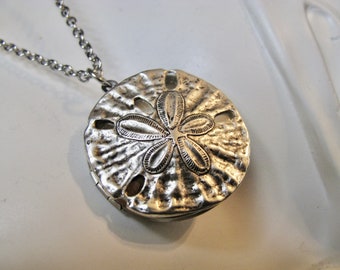 The Most Beautiful SandDollar  Locket Necklace in Antique Silver with a Stainless Steel  24 inch Rolo chain