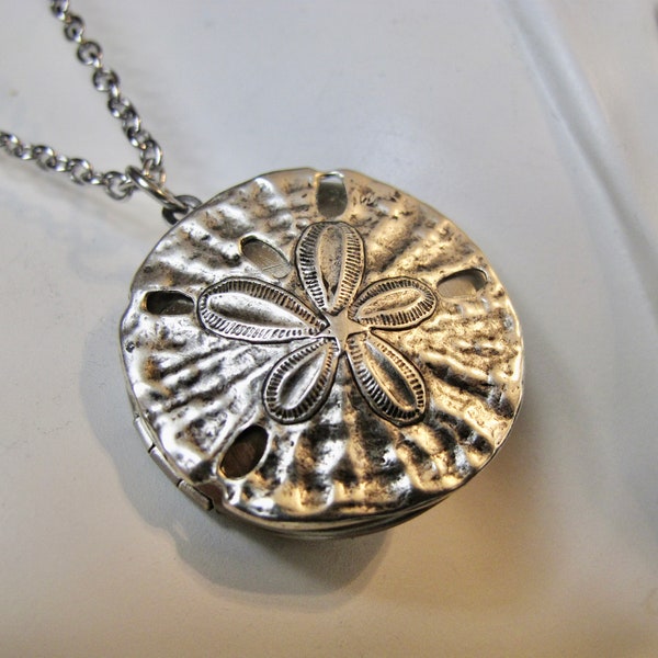 The Most Beautiful SandDollar  Locket Necklace in Antique Silver with a Stainless Steel  24 inch Rolo chain