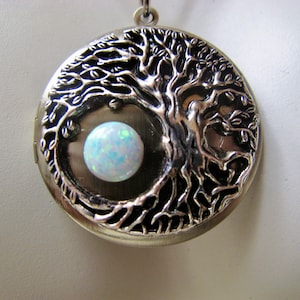 Silver Family Tree  Locket with an Opal Moon  in Antique Silver with a Stainless Steel 24 inch Rolo chain