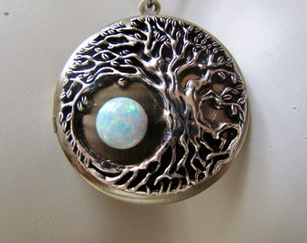 Silver Family Tree  Locket with an Opal Moon  in Antique Silver with a Stainless Steel 24 inch Rolo chain