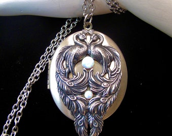 kissing Peacocks Locket - Victorian Art Locket  in Antique Silver with Two Opals on a Stainless Steel  30 inch Rolo chain