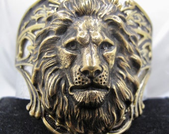 Large Bold Brass Lion's Head mounted on an Aluminum Cuff Bracelet - truly a Beautiful Kingly Cat