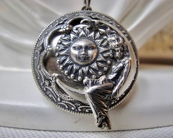 Romantic Moon and Sun Goddess Locket.   Moon and Sun Goddess Locket Necklace in Antique Silver with a Stainless Steel  24 inch Rolo chain.