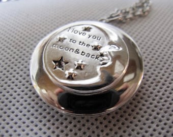I Love you to the Moon and Back Locket Necklace in  Silver-ox with a Stainless Steel  24 inch Rolo chain
