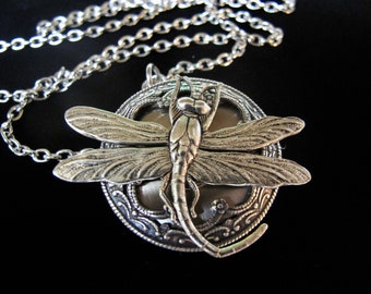 The Most Beautiful Dragonfly  Locket Necklace in Antique Silver with a Stainless Steel  24 inch Rolo chain