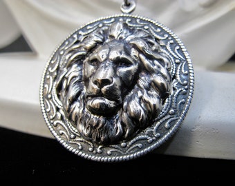 Small Lion's Head  Pendant in Antique Silver with a Stainless Steel  18 inch Rolo chain