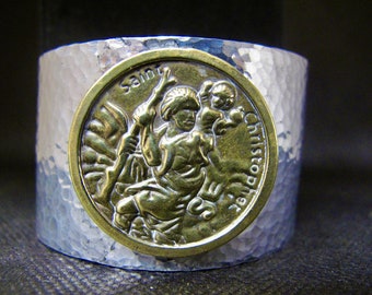 Bronze Saint Christopher  set on a Hammered  Aluminum Wide Cuff - Protection in Travels