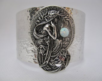 Alphonse Mucha's Poetry Maiden  set on a Hammered  Aluminum Wide Cuff - Art Nouveau