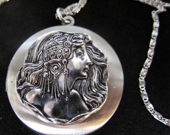 Bohemian Maiden Locket in Antique Silver with a Stainless Steel  24 inch Rolo chain