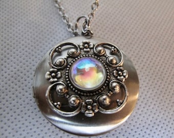 Victorian Opalite Locket Necklace in  Silver-ox with a Stainless Steel  24 inch Rolo chain
