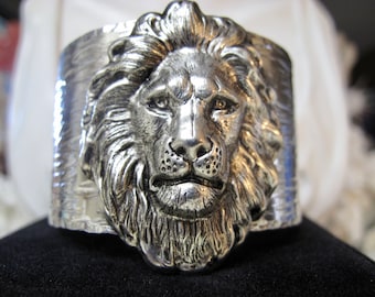 Large Womens Silver Lion's Head mounted on an Aluminum Cuff Bracelet - truly a Beautiful Cat