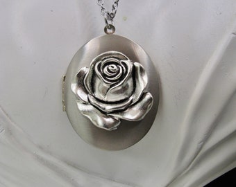 Rose Locket - Romantic Rose Locket  in Brushed Antique Silver with a Stainless Steel  30 inch Rolo chain