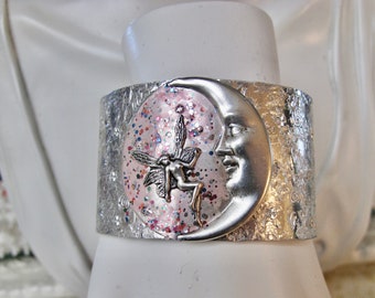 Crescent Moon with Fairy Hammered and Stamped with Stars Aluminum Wide Cuff - Celestial