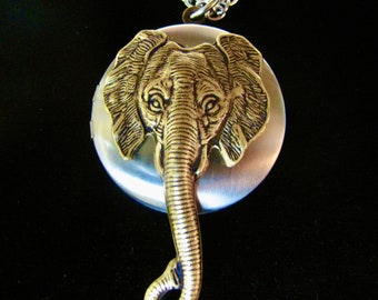 Brass Elephant Locket Necklace in Silver with a Stainless Steel 24 inch Rolo chain, Elephant, Nature, Woodland , made by Earthly Elements