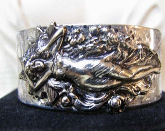 Antique Silver Water Goddess Aluminum Cuff Bracelet - Very Pretty