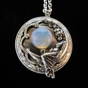 Moon Goddess Locket with a 12mm Opalite stone. Victorian Moon  Locket Necklace in Antique Silver with a Stainless Steel  24 inch Rolo chain