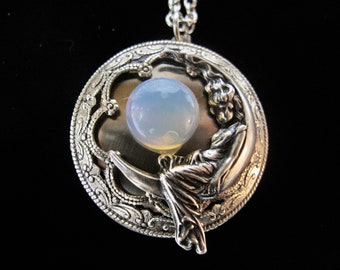Moon Goddess Locket with a 12mm Opalite stone. Victorian Moon  Locket Necklace in Antique Silver with a Stainless Steel  24 inch Rolo chain