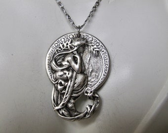 Alphonse Mucha Poetry Maiden Pendant  in Antique Silver with a Stainless Steel  18 inch Rolo chain