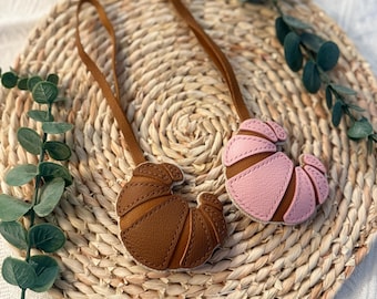 Genuine Leather Croissant Keychain | Handmade Bag Charm | Cute Leather Key Fob | Pink & Brown Croissant Accessory | Gift for Food Lovers