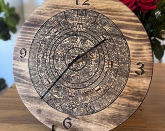 Aztec Calendar 17.5" x 1"  Engraved Wood Wall Clock
