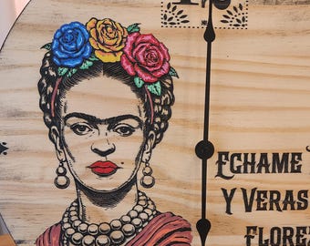 Frida Kahlo Engraved Wood Wall Clock – 17.5” Hand Painted & Stained
