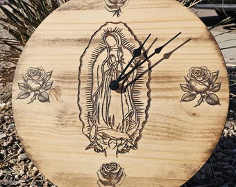 Virgin Mary Virgen de Guadalupe -  17.5" x 1"  Engraved Wood Wall Clock